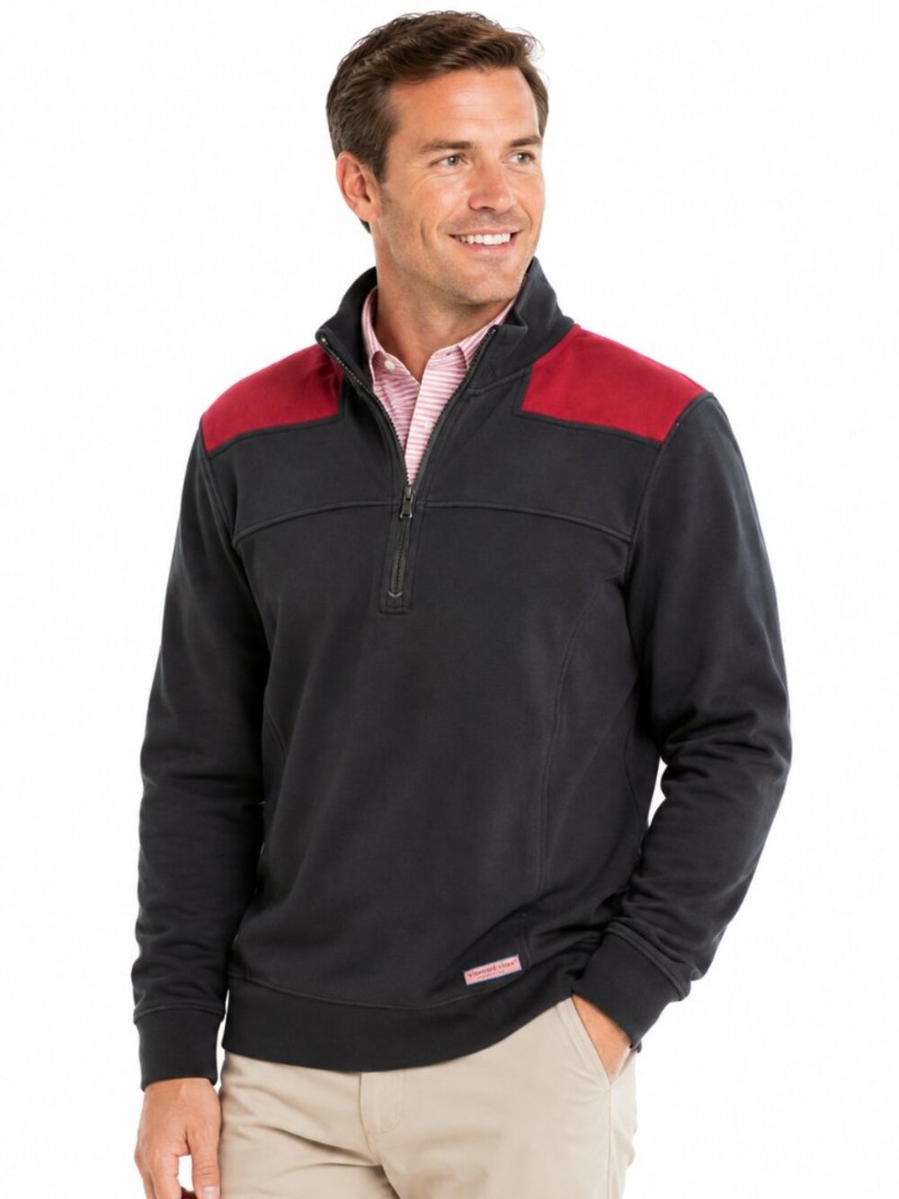 Vineyard Vines 1/4 Zip Fleece Jacket Black & Maroon Shoulders Pullover Sz L